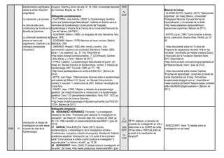 transformación significativa
desde la acción (tradición
pragmática).
La interacción y el proceso.
La obra de arte como
constructora de mundo en la
filosofía de Goodman.
La dimensión epistémica del
arte en el marco del
cognitivismo (Gardner) y la
ontología evanescente
(Goodman).
Ensayos, Historia y teoría del arte, N° 16, 2009, Universidad Nacional
de Colombia, Bogotá; pp. 18-41.
Bibliografía complementaria:
- CASTORINA, José Antonio: (2005) “La Epistemología Genética
como una Epistemología Naturalizada”, material sin edición para el
Seminario de Epistemología Constructivita del Posgrado
Epistemología e Historia de la Ciencia de la Universidad Nacional de
Tres de Febrero (UNTREF).
- GOODMAN, Nelson: (1968) Los lenguajes del arte, Barcelona, Seix
Barral, 1976.
- GOODMAN, Nelson: (1978) Maneras de hacer mundos, Madrid,
Machado, 1995.
- GARDNER, Howard: (1982) Arte, mente y cerebro. Una
aproximación cognitiva a la creatividad, Barcelona, Paidós, 2005;
parte I: “Los maestros”, pp. 21-100. Disponible en:
<http://www.4shared.com/document/w_-7_QZU/Howard_Gardner-
_Arte_Mente_y_c.html>, [febrero de 2011].
- HYNES, Catalina: “La epistemología Naturalizada de Quine”, [en
línea], en: Revista Estudios de Epistemología, número 3, Instituto de
Epistemología-UNT, Tucumán, 2000; pp.171- 182,
<http://www.paideiapoliteia.com.ar/docs/ch002.htm>, [febrero de
2012].
- MOYA, Juan Diego: “Observaciones diversas sobre la epistemología
anti-realista de Williard V O. Quine”, en: Revista Comunicación,
número 3, volumen 11, enero-junio de 2001, Instituto Tecnológico de
Costa Rica.
- PIAGET, Jean: (1950) “Objetos y métodos de la epistemología
genética”, [en línea] Introducción a: Introducción a la Epistemología
genética, Tomo 1, El pensamiento matemático, París, PUF, 1973; pp.
13-47, traducción de Victoria Sánchez,
<http://www.fondationjeanpiaget.ch/fjp/site/crypt/verifier.php?DOCID=
1370>, [febrero de 2011].
25/06
C4
04/07
Material de trabajo:
- OLIVERA REYES, Eusebio: (2010) "Operaciones
cognitivas", [en línea], México, Universidad
Pedagógica Nacional, Escuela Normal de
Especialización y Universidad de La Salle.
<http://www.slideshare.net/eus/definicion-
operaciones-cognitivas> [febrero de 2011].
- RATHS, Louis: (1967) Cómo enseñar a pensar,
teoría y aplicación, Buenos Aires, Paidós; pp. 27-
50.
- Video documental sobre los 10 años del
Programa de capacitación docente “Arte en las
Escuelas”, coordinado por Natalia Catalana Dupuy
y financiado por la Fundación Standard Bank,
2012. Disponible en
<http://www.youtube.com/user/programaarteescuel
as?feature=results_main>, [julio de 2012].
- Video documental sobre Howard Gardner
“Enigmas del aprendizaje”, construido (a través de
varios fragmentos) por el blog “formadores-
ocupacionales.blogspot.com.ar”, disponible en
<www.youtube.com/watch?feature=player_embedd
ed&v=k0oIMoBUpKg&noredirect=>, [febrero de
2011].
25/06 11
Introducción al trabajo de
investigación en arte desde
el punto de vista de la
Epistemología.
Bibliografía obligatoria:
36. HERNÁNDEZ HERNÁNDEZ, Fernando: “La investigación
basada en las artes - Propuestas para repensar la investigación en
educación”, [en línea], en: Educatio Siglo XXI, número 26, 2008; pp.
85-118; <http://revistas.um.es/educatio/article/view/46641>, [julio de
2013].
37. GARCÍA, Silvia & BELÉN, Paola: (2013) Aportes
epistemológicos y metodológicos de la investigación artística -
Fundamentos, conceptos y diseño de proyectos, Sarrebruck, Editorial
académica española; Introducción, pp. 3-8; punto 4 de la primera
parte "Cómo produce el artista y cómo produce el investigador" y
segunda parte "La ciencia y el arte", pp. 19-38.
38. BORGDORFF, Henk: (2005) "El debate sobre la investigación en
las artes", [en línea], <http://www.gridspinoza.net/es/node/984>, [julio
C1
01/07
C2/3
02/07
C4
11/07
TP 11: elaborar un borrador de
proyecto de investigación en arte y
determinar si es SOBRE las artes,
EN las artes o PARA las artes de
acuerdo a la clasificación de
Borgdorff.
- BORGDORFF, Henk: "El debate sobre la
investigación en las artes".
 