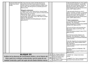 Escuela de Frankfurt sobre
la lógica de las ciencias
sociales.
arte. El qué, el por qué y el cómo”, [en línea], discurso por su
nombramiento como Doctor Honoris Causa en la Facultad de
Filosofía y Letras de la Universidad Complutense de Madrid, 30 de
enero de 1992, <http://www.gombrich.co.uk/showdoc.php?id=32>,
[febrero de 2010].
Bibliografía complementaria:
- GOMBRICH, Ernst: (1979) “Historia del Arte y Ciencias Sociales”,
en: Ideales e Ídolos, Ensayos sobre los valores en la Historia del Arte,
Madrid, Debate, 2004; pp. 156-202.
- POPPER, Karl: (1958) La lógica de la investigación científica,
(primera edición: 1934), Madrid, Tecnos, 1980; Prefacio a la edición
inglesa de 1958, disponible en:
<http://www.clorenzano.com.ar/bibliografia/popper1_introd.pdf>,
[febrero de 2011].
- Video documental Filosofía aquí y ahora, capítulo
13 “Derivaciones de Nietzsche”, de José Pablo
Feinman, para el Canal Encuentro, Ministerio de
Educación de la Nación, 2008, disponible en:
<http://descargas.encuentro.gov.ar/emision.php?e
mision_id=281>, [febrero de 2011].
- Video documental Filosofía aquí y ahora II,
capítulo 3 “Auschwitz y la Filosofía”, de José Pablo
Feinman, para el Canal Encuentro, Ministerio de
Educación de la Nación, 2009, disponible en:
<http://descargas.encuentro.gov.ar/emision.php?e
mision_id=694>, [febrero de 2011].
** Videos complementarios:
1) El acorazado Potemkin, dirigida por Serguéi
Eisenstein, 1925. Disponible en
<http://video.google.com/videoplay?docid=2948488
997906312709>, [febrero de 2012].
2) El rostro del Fuehrer (corto de animación del
Pato Donald), dirigido por Jack Kinney, 1942.
Disponible en
<http://www.youtube.com/watch?v=Bxoy1JTOi-0>,
[febrero de 2012].
3) El Triunfo de la voluntad, dirigida por Leni
Riefenstahl, 1935. Disponible en 11 partes en
<http://www.youtube.com/user/thaisnimitztlazohtla>
, [febrero de 2012].
4) Mad Men, fragmentos de la primera temporada
de la serie de HBO creada por Matthew Weiner,
2007. Disponible en
<http://www.youtube.com/watch?v=8wFU9X7sOfY>
, [febrero de 2012].
5) Olympia, dirigida por Leni Riefenstahl, 1938.
Disponible en
<http://www.youtube.com/watch?v=tOZyHvS-zC4>,
[febrero de 2012].
BLOQUE III
Análisis de los alcances del conocimiento artístico y de la Historia del
Arte a partir de un enfoque constructivista, que da cuenta de una
realidad construida a partir del sujeto del arte desde distintos marcos
C1
03/06
C2/3
04/06
C4
TP7 -A-: Extraiga el método de
análisis de obra de Gombrich y
utilícelo para estudiar la obra
indicada por el docente.
TP7 -B-: Realice un debate con sus
compañeros en el que se
- POPPER, Karl: “La lógica de las ciencias
sociales”.
- GOMBRICH, Ernst: “Sobre la interpretación de la
obra de arte. El qué, el por qué y el cómo”.
 