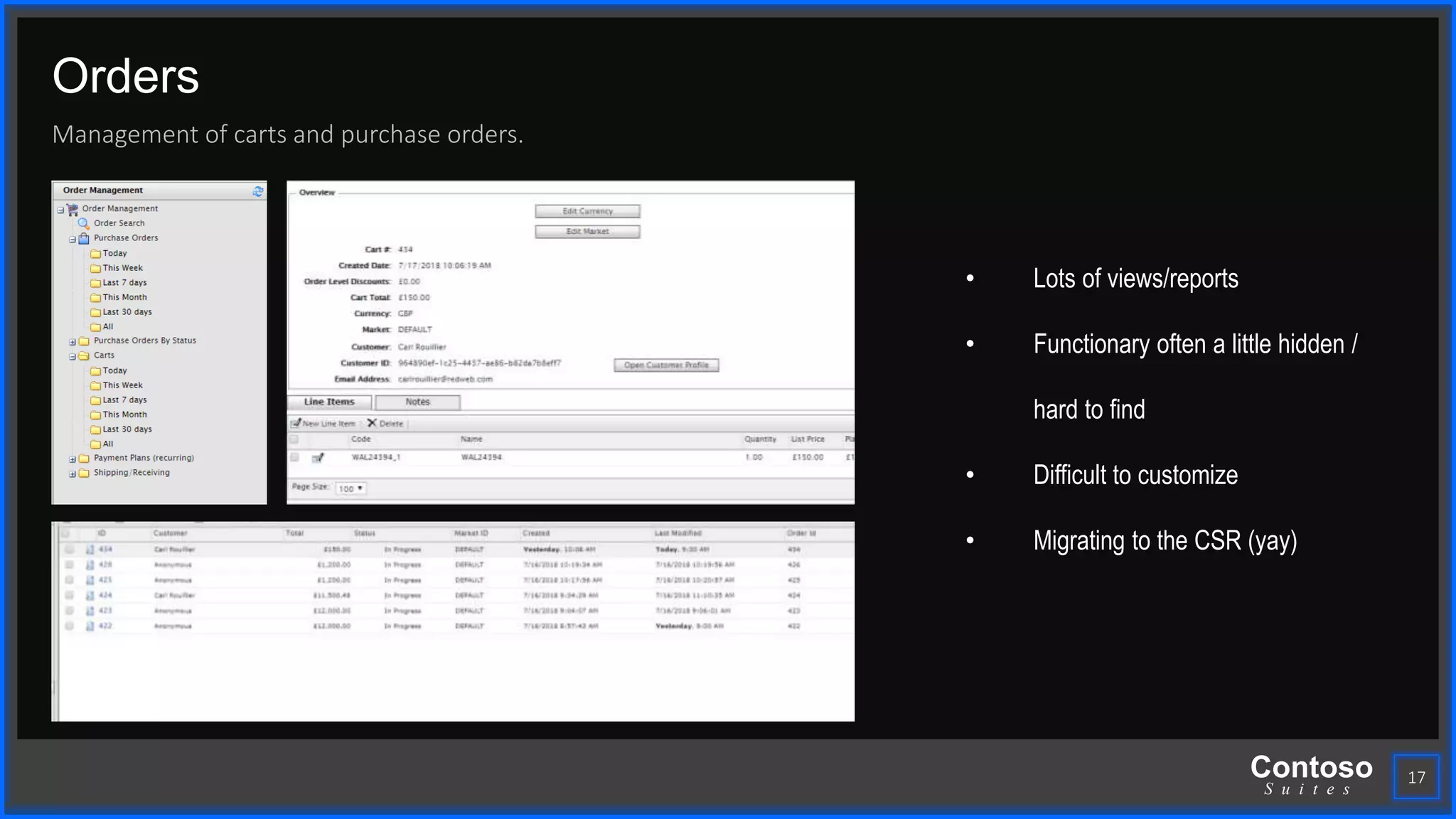 Contoso
S u i t e s
Orders
Management of carts and purchase orders.
17
• Lots of views/reports
• Functionary often a little hidden /
hard to find
• Difficult to customize
• Migrating to the CSR (yay)
 