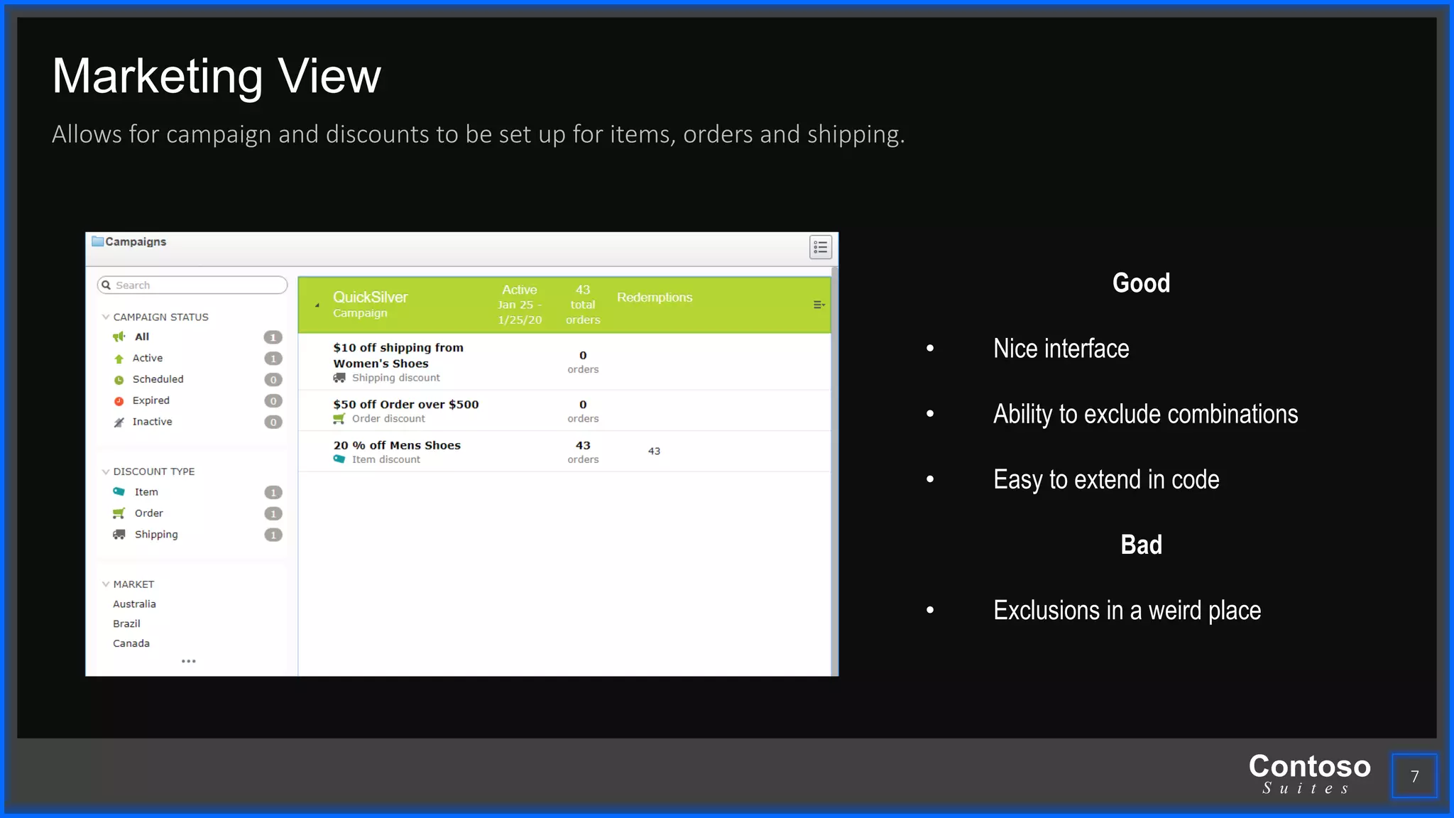 Contoso
S u i t e s
Marketing View
Allows for campaign and discounts to be set up for items, orders and shipping.
7
Good
• Nice interface
• Ability to exclude combinations
• Easy to extend in code
Bad
• Exclusions in a weird place
 