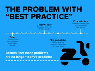 THE PROBLEM WITH 
“BEST PRACTICE” 
Today 
Campaign starts 
in response to 
a perceived 
“problem” 
7 months later 
Campaign ends with 
brilliant results 
10 months later 
Call for papers— 
campaign is submitted 
Bottom line: those problems 
are no longer today’s problems 
as a case study 
15 months later 
Conference—campaign 
is showcased as 
‘best practice’ 
 