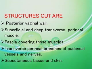STRUCTURES CUT ARE
 Posterior vaginal wall.
Superficial and deep transverse perineal
muscle.
Fascia covering those muscles
Transverse perineal branches of pudendal
vessels and nerves.
Subcutaneous tissue and skin.
 