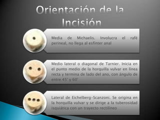 Media de Michaelis. Involucra el rafé
perineal, no llega al esfínter anal
Medio lateral o diagonal de Tarnier. Inicia en
el punto medio de la horquilla vulvar en línea
recta y termina de lado del ano, con ángulo de
entre 45° y 60°
Lateral de Eichelberg-Scanzoni. Se origina en
la horquilla vulvar y se dirige a la tuberosidad
isquiática con un trayecto rectilíneo
 