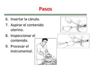 Pasos
6. Insertar la cánula.
7. Aspirar el contenido
   uterino.
8. Inspeccionar el
   contenido.
9. Procesar el
   instrumental.
 