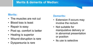 Merits & demerits of Median:
Merits:
• The muscles are not cut
• Blood loss is least
• Repair is easy
• Post op. comfort is better
• Healing is superior
• Wound disruption is rare
• Dyspareunia is rare
Demerits:
• Extension if occurs may
involve the rectum
• Not suitable for
manipulative delivery or
in abnormal presentation
or position
• Its use is selective
 