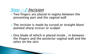 Step :-2 Incision
 Two fingers are placed in vagina between the
presenting part and the vaginal wall
 The incision is made by curved or straight blunt
pointed sharp scissor or scalpel
 One blade of which is placed inside , in between
the fingers and the posterior vaginal wall and the
other on the skin
 