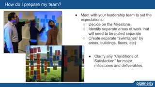 56
How do I prepare my team?
● Meet with your leadership team to set the
expectations:
○ Decide on the Milestone
○ Identify separate areas of work that
will need to be pulled separate
○ Create separate “swimlanes” by
areas, buildings, floors, etc)
● Clarify any “Conditions of
Satisfaction” for major
milestones and deliverables.
 