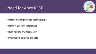 Need for Apex REST
• Perform complex processing logic
• Return custom responses
• Bulk record manipulation
• Processing related objects
 