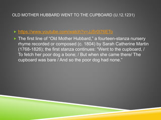 OLD MOTHER HUBBARD WENT TO THE CUPBOARD (U.12.1231)
 https://www.youtube.com/watch?v=JJ5r0t76ETo
 The first line of “Old Mother Hubbard,” a fourteen-stanza nursery
rhyme recorded or composed (c. 1804) by Sarah Catherine Martin
(1768-1826); the first stanza continues: “Went to the cupboard, /
To fetch her poor dog a bone; / But when she came there/ The
cupboard was bare / And so the poor dog had none.”
 