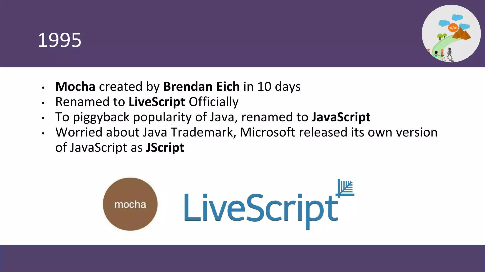 1995
• Mocha created by Brendan Eich in 10 days
• Renamed to LiveScript Officially
• To piggyback popularity of Java, renamed to JavaScript
• Worried about Java Trademark, Microsoft released its own version
of JavaScript as JScript
 