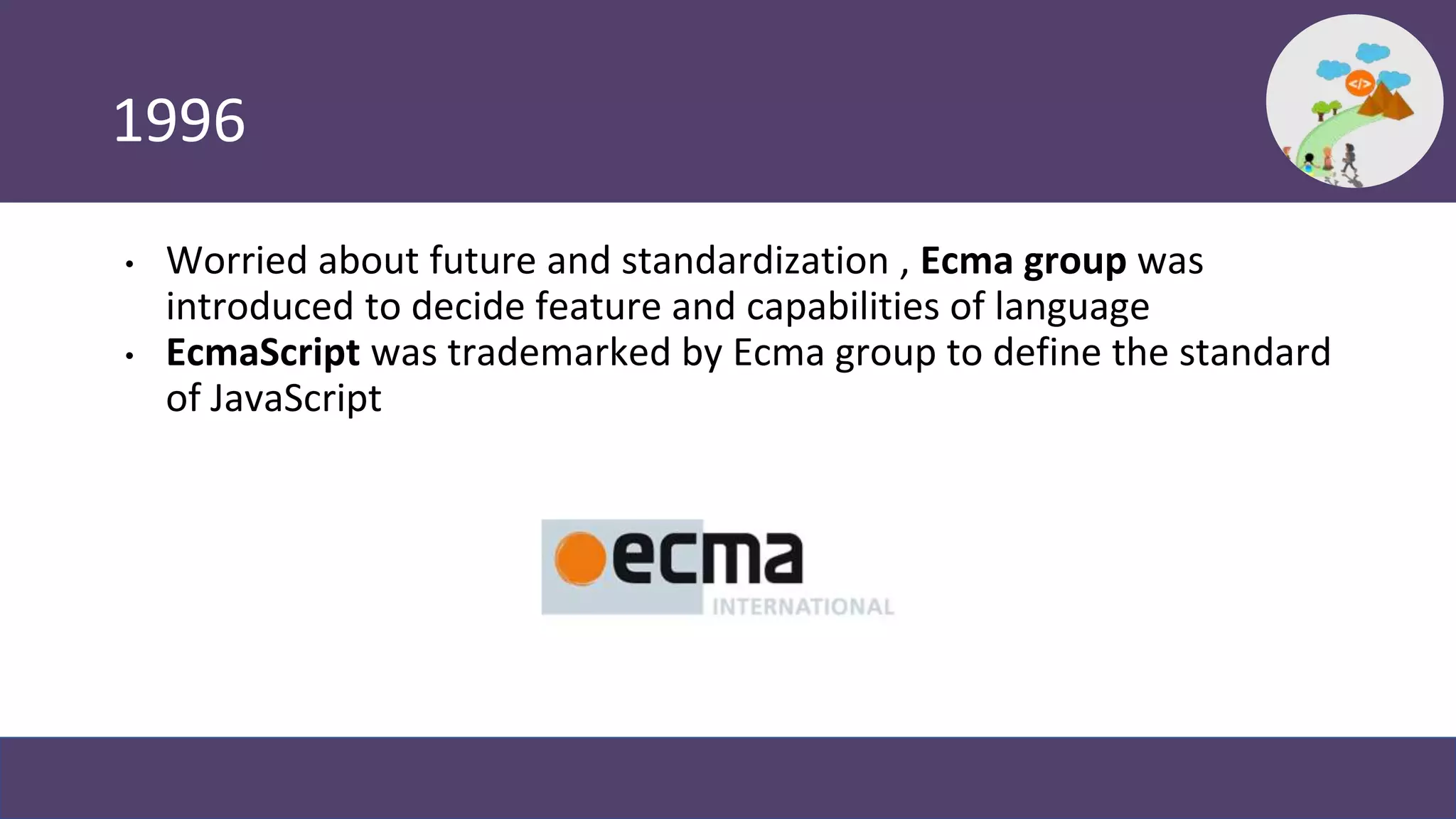 1996
• Worried about future and standardization , Ecma group was
introduced to decide feature and capabilities of language
• EcmaScript was trademarked by Ecma group to define the standard
of JavaScript
 