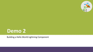 Demo 2
Building a Hello World Lightning Component
 