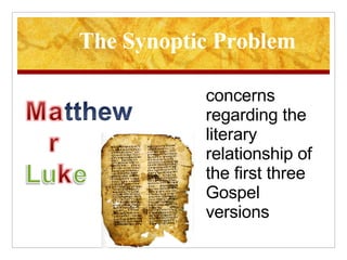 The Synoptic Problem concerns regarding the literary relationship of the first three Gospel versions 
