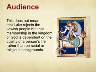 This does not mean that Luke rejects the Jewish people but that membership in the kingdom of God is dependent on the quality of a person’s life rather than on racial or religious backgrounds. 
