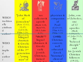 WHO? traditionally attributed author? WHO? implied author? "John Mark of Jerusalem" (Acts 12:12; 15:37;  Col 4:10; Phlm 1:24;  1Pet 5:13) bilingual (Aramaic & Greek) Christian of the 2 nd   generation; "young man" of 14:51-52? tax collector & apostle (Mark 3:18;  Matt 9:9; 10:3; Luke 6:15;  Acts 1:13 ) multi-lingual (Aramaic & Greek) early Jewish Christian; trained "scribe"of 13:52? physician & companion of Paul  (Col 4:14;  2Tim 4:11; Phlm 1:24 only ) Gentile Christian convert; well educated Greek "historian"; client of Theophilus (1:1-4)? John, son of Zebedee; one of 12 apostles  (Mark 1:19;3:17;  cf. John 21:2) the "beloved disciple" and his Jewish Christian followers (19:35; 21:20-24) 