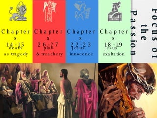 Focus of the Passion Chapters 14-15 Chapters 26-27 Chapters 22-23 Chapters 18-19 death  as tragedy plots & treachery Jesus’ innocence Jesus’ exaltation 