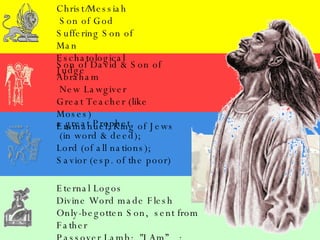 Christ/Messiah  Son of God Suffering Son of Man Eschatological Judge Son of David & Son of Abraham New Lawgiver  Great Teacher (like Moses) Emmanuel; King of Jews a great Prophet (in word & deed); Lord (of all nations); Savior (esp. of the poor) Eternal Logos Divine Word made Flesh Only-begotten Son,  sent from Father Passover Lamb;  "I Am” ; "Equal to God 