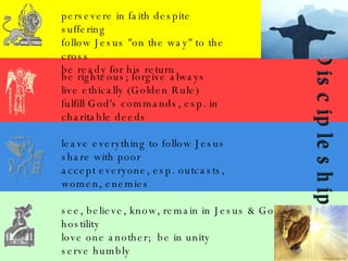 persevere in faith despite suffering follow Jesus "on the way" to the cross be ready for his return Discipleship be righteous; forgive always live ethically (Golden Rule) fulfill God's commands, esp. in charitable deeds see, believe, know, remain in Jesus & God, despite hostility love one another;  be in unity serve humbly leave everything to follow Jesus  share with poor accept everyone, esp. outcasts, women, enemies 
