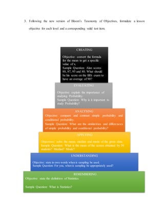 EVALUATING
Objective: explain the importance of
studying Probability.
Sample Question: Why is it important to
study Probability?
CREATING
Objective: convert the formula
for the mean to get a specific
value of x.
Sample Question: Alan scores
88, 87, 95 and 80. What should
be his score on the fifth exam to
have an average of 90?
3. Following the new version of Bloom’s Taxonomy of Objectives, formulate a lesson
objective for each level and a corresponding valid test item.
ANALYSING
Objective: compare and contrast simple probability and
conditional probability.
Sample Question: What are the similarities and differences
of simple probability and conditional probability?
APPLYING
Objectives: solve the mean, median and mode of the given data.
Sample Question: What is the mean of the scores obtained by 50
students? Median? Mode?
UNDERSTANDING
Objective: state in own words when is sampling be used.
Sample Question: For you, when is sampling be appropriately used?
REMEMBERING
Objective: state the definition of Statistics.
Sample Question: What is Statistics?
 