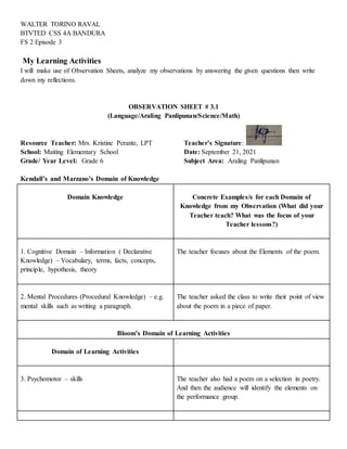 WALTER TORINO RAVAL
BTVTED CSS 4A BANDURA
FS 2 Episode 3
My Learning Activities
I will make use of Observation Sheets, analyze my observations by answering the given questions then write
down my reflections.
OBSERVATION SHEET # 3.1
(Language/Araling Panlipunan/Science/Math)
Resource Teacher: Mrs. Kristine Perante, LPT Teacher’s Signature:
School: Maiting Elementary School Date: September 21, 2021
Grade/ Year Level: Grade 6 Subject Area: Araling Panlipunan
Kendall’s and Marzano’s Domain of Knowledge
Domain Knowledge Concrete Examples/s for each Domain of
Knowledge from my Observation (What did your
Teacher teach? What was the focus of your
Teacher lessons?)
1. Cognitive Domain – Information ( Declarative
Knowledge) – Vocabulary, terms, facts, concepts,
principle, hypothesis, theory
The teacher focuses about the Elements of the poem.
2. Mental Procedures (Procedural Knowledge) – e.g.
mental skills such as writing a paragraph.
The teacher asked the class to write their point of view
about the poem in a piece of paper.
Bloom’s Domain of Learning Activities
Domain of Learning Activities
.
3. Psychomotor – skills The teacher also had a poem on a selection in poetry.
And then the audience will identify the elements on
the performance group.
 