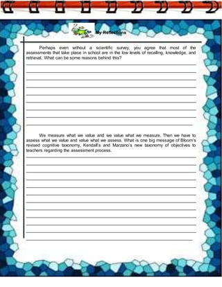 My Reflections
Perhaps even without a scientific survey, you agree that most of the
assessments that take place in school are in the low levels of recalling, knowledge, and
retrieval. What can be some reasons behind this?
______________________________________________________________________
______________________________________________________________________
______________________________________________________________________
______________________________________________________________________
______________________________________________________________________
______________________________________________________________________
______________________________________________________________________
______________________________________________________________________
____________________________________________________________________
We measure what we value and we value what we measure. Then we have to
assess what we value and value what we assess. What is one big message of Bloom’s
revised cognitive taxonomy, Kendall’s and Marzano’s new taxonomy of objectives to
teachers regarding the assessment process.
______________________________________________________________________
______________________________________________________________________
______________________________________________________________________
______________________________________________________________________
______________________________________________________________________
______________________________________________________________________
______________________________________________________________________
______________________________________________________________________
______________________________________________________________________
______________________________________________________________________
______________________________________________________________________
____________________________________________________________________
 