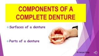  Surfaces of a denture
 Parts of a denture
Dr Aaryas Vlogs
 