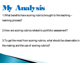 My Analysis
1.What benefitshavescoring rubricsbrought to theteaching –
learning process?
2.How arescoring rubricsrelated to portfolio assessment?
3.To get themost from scoring rubrics, what should beobservablein
themaking and theuseof scoring rubrics?
 
