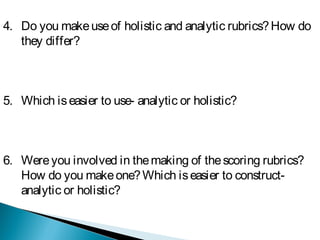 4. Do you makeuseof holistic and analytic rubrics?How do
they differ?
5. Which iseasier to use- analytic or holistic?
6. Wereyou involved in themaking of thescoring rubrics?
How do you makeone?Which iseasier to construct-
analytic or holistic?
 