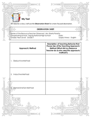 My Tool
As I observe a class, I will use the Observation Sheet for a more focused observation.
OBSERVATION SHEET
Name of the Resource Teacher Observed: Mrs. Sherla Pereña
Cooperating School: Taguig National High School Date:
Grade/ Year Level: Grade 7 Subject Area: English
Approach/ Method
Description of Teaching Behavior that
Proves Use of the Teaching Approach/
Method (What did my Resource
Teacher do as she used this approach/
method?)
1. Deductive Method
2. Inductive Method
3. Demonstration Method
 