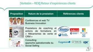 14
Proposition Nature de la prestation Références clients
Conférences et web TV
Business Innovation
Prestations de coaching et
actions de formations en
« Mécanismes de vente et
CRM »
Consulting:
approche opérationnelle du
Social Selling
[Verbatim – REX] Retour d’expériences clients
 