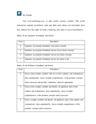 My Portfolio
Visit www.teachnology.com or other teacher resource websites. Print useful
instructional materials (worksheets, visual aids, flash cards, rubrics, etc.) and include them
here. Indicate how they might be useful considering your major or area of specialization.
Rubric for the Equations Formulated and Solved
Score Descriptors
4 Equations are properly formulated and solved correctly.
3 Equations are properly formulated but not all are solved correctly.
2 Equations are properly formulated but are not solved correctly.
1 Equations are properly formulated but are not solved at all.
Rubric for the Problems Formulated and Solved
Score Descriptors
6 Poses a more complex problem with two or more solutions and communicates
ideas unmistakably, shows in-depth comprehension of the pertinent concepts
and/or processes and provides explanation wherever appropriate
5 Poses a more complex problem and finishes all significant parts of the
solution and communicates ideas unmistakably, shows in-depth
comprehension of the pertinent concepts and/or processes
4 Poses a complex problem and finishes all significant parts of the solution and
communicates ideas unmistakably, shows in-depth comprehension of the
pertinent concepts and/or processes
 