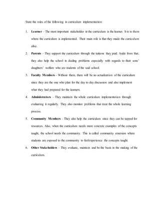 State the roles of the following in curriculum implementation:
1. Learner – The most important stakeholder in the curriculum is the learner. It is to them
where the curriculum is implemented. Their main role is that they made the curriculum
alive.
2. Parents – They support the curriculum through the tuitions they paid. Aside from that,
they also help the school in dealing problems especially with regards to their sons’
daughters’ welfare who are students of the said school.
3. Faculty Members – Without them, there will be no actualization of the curriculum
since they are the one who plan for the day to day discussion and also implement
what they had prepared for the learners.
4. Administrators – They maintain the whole curriculum implementation through
evaluating it regularly. They also monitor problems that treat the whole learning
process.
5. Community Members – They also help the curriculum since they can be tapped for
resources. Also, when the curriculum needs more concrete examples of the concepts
taught, the school needs the community. This is called community emersion where
students are exposed to the community to feel/experience the concepts taught.
6. Other Stakeholders – They evaluate, maintain and be the basis in the making of the
curriculum.
 