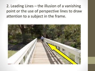 2.	
  Leading	
  Lines	
  –	
  the	
  illusion	
  of	
  a	
  vanishing	
  
point	
  or	
  the	
  use	
  of	
  perspective	
  lines	
  to	
  draw	
  
attention	
  to	
  a	
  subject	
  in	
  the	
  frame.
 