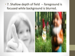 • 7.	
  Shallow	
  depth	
  of	
  field	
  	
  -­‐-­‐	
  foreground	
  is	
  
focused	
  while	
  background	
  is	
  blurred.
 