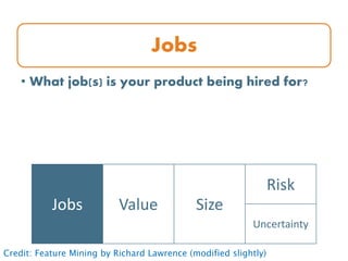 Jobs
• What job(s) is your product being hired for?
Jobs Value Size
Risk
Uncertainty
Credit: Feature Mining by Richard Lawrence (modified slightly)
 