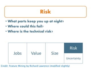 Risk
• What parts keep you up at night?
• Where could this fail?
• Where is the technical risk?
Jobs Value Size
Risk
Uncertainty
Credit: Feature Mining by Richard Lawrence (modified slightly)
 