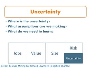 Uncertainty
• Where is the uncertainty?
• What assumptions are we making?
• What do we need to learn?
Jobs Value Size
Risk
Uncertainty
Credit: Feature Mining by Richard Lawrence (modified slightly)
 