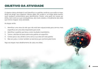 4
O objetivo desta atividade é você identificar os padrões cerebrais que estão te impe-
dindo de atingir seus objetivos. Muitos deles são ocultos e, ao longo deste evento,
você receberá conhecimento para identificá-los. Porém, uma parte de nossos pa-
drões, bem como as suas consequências, são muito visíveis, e inicialmente são estes
que iremos mapear nesta atividade.
As etapas serão:
1. Identificar uma área da vida que não está bem equacionada para sermos mais
específicos em uma área importante para você.
2. Identificar o padrão que levou a este resultado insatisfatório.
3. Tomar a decisão do basta sobre este padrão em específico
4. Contar para o seu cérebro como seria a sua vida sem este padrão
5. Mas ser justo, e contar também as barreiras que você terá pela frente
Veja nas etapas mais detalhamento de cada uma delas.
OBJETIVO DA ATIVIDADE
 