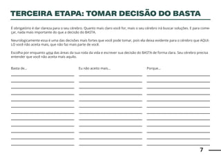 7
É obrigatório é dar clareza para o seu cérebro. Quanto mais claro você for, mais o seu cérebro irá buscar soluções. E para come-
çar, nada mais importante do que a decisão do BASTA.
Neurologicamente essa é uma das decisões mais fortes que você pode tomar, pois ela deixa evidente para o cérebro que AQUI-
LO você não aceita mais, que não faz mais parte de você.
Escolha por enquanto uma das áreas da sua roda da vida e escrever sua decisão do BASTA de forma clara. Seu cérebro precisa
entender que você não aceita mais aquilo.
Basta de… Eu não aceito mais… Porque…
TERCEIRA ETAPA: TOMAR DECISÃO DO BASTA
 