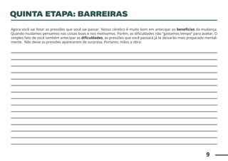 9
Agora você vai listar as pressões que você vai passar. Nosso cérebro é muito bom em antecipar os benefícios da mudança.
Quando mudamos pensamos nas coisas boas e nos motivamos. Porém, as dificuldades não “gastamos tempo” para avaliar. O
simples fato de você também antecipar as dificuldades, as pressões que você passará já te deixarão mais preparado mental-
mente. Não deixe as pressões aparecerem de surpresa. Portanto, mãos a obra:
QUINTA ETAPA: BARREIRAS
 