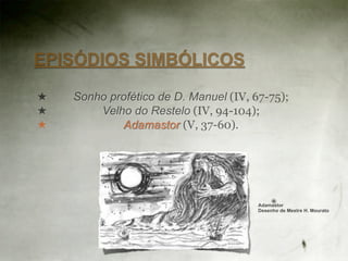 EPISÓDIOS SIMBÓLICOS

★   Sonho profético de D. Manuel (IV, 67-75);
★       Velho do Restelo (IV, 94-104);
★           Adamastor (V, 37-60).




                                       Adamastor
                                       Desenho de Mestre H. Mourato
 