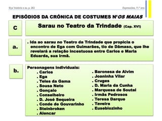 EPISÓDIOS DA CRÓNICA DE COSTUMES N’OS MAIAS
Sarau no Teatro da Trindade (Cap. XVI)
C
. Ida ao sarau no Teatro da Trindade que propicia o
encontro de Ega com Guimarães, tio de Dâmaso, que lhe
revelará a relação incestuosa entre Carlos e Maria
Eduarda, sua irmã.
a.
Personagens individuais:
. Carlos
. Ega
. Teles da Gama
. Sousa Neto
. Gonçalo
. Conselheiro
. D. José Sequeira
. Conde de Gouvarinho
. Steinbroken
. Alencar
b. . Baronesa de Alvim
. Joaninha Vilar
. Cruges
. D. Maria da Cunha
. Marquesa de Soutal
. Irmãs Pedrosos
. Teresa Darque
. Taveira
. Eusebiozinho
‘Eça’ história e eu, p. 263 Expressões, 11.º ano
 