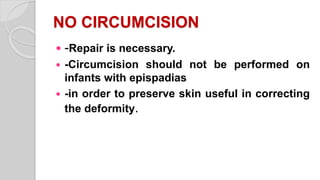 NO CIRCUMCISION
 -Repair is necessary.
 -Circumcision should not be performed on
infants with epispadias
 -in order to preserve skin useful in correcting
the deformity.
 