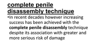 complete penile
disassembly technique

•In recent decades however increasing
success has been achieved with the
complete penile disassembly technique
despite its association with greater and
more serious risk of damage

 