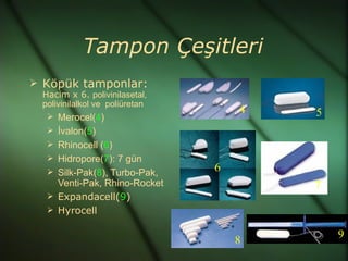 Tampon Çeşitleri
 Köpük tamponlar:
 Hacim x 6. polivinilasetal,
 polivinilalkol ve poliüretan
                                    4   5
   Merocel(4)
   İvalon(5)
   Rhinocell (6)
   Hidropore(7): 7 gün
   Silk-Pak(8), Turbo-Pak,     6
    Venti-Pak, Rhino-Rocket             7
   Expandacell(9)
   Hyrocell

                                            9
                                    8
 