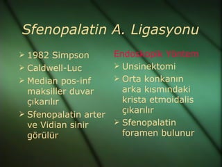 Sfenopalatin A. Ligasyonu
 1982 Simpson       Endoskopik Yöntem
 Caldwell-Luc        Unsinektomi
 Median pos-inf      Orta konkanın
  maksiller duvar      arka kısmındaki
  çıkarılır            krista etmoidalis
 Sfenopalatin arter   çıkarılır
  ve Vidian sinir     Sfenopalatin
  görülür              foramen bulunur
 