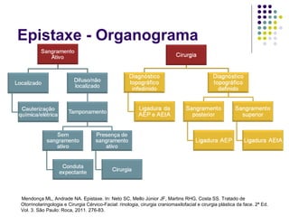 Epistaxe - Organograma
Mendonça ML, Andrade NA. Epistaxe. In: Neto SC, Mello Júnior JF, Martins RHG, Costa SS. Tratado de
Otorrinolaringologia e Cirurgia Cérvico-Facial: rinologia, cirurgia craniomaxilofacial e cirurgia plástica da face. 2ª Ed.
Vol. 3. São Paulo: Roca, 2011. 276-83.
 