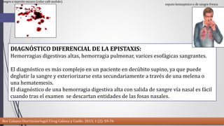 negro o marrón oscuro (color café molido). 
DIAGNÓSTICO DIFERENCIAL DE LA EPISTAXIS: 
Hemorragias digestivas altas, hemorragia pulmonar, varices esofágicas sangrantes. 
El diagnóstico es más complejo en un paciente en decúbito supino, ya que puede 
deglutir la sangre y exteriorizarse esta secundariamente a través de una melena o 
una hematemesis. 
El diagnóstico de una hemorragia digestiva alta con salida de sangre vía nasal es fácil 
cuando tras el examen se descartan entidades de las fosas nasales. 
Rev Cubana Otorrinolaringol Cirug Cabeza y Cuello. 2013; 1 (2): 59-76 
esputo hemoptoico o de sangre fresca 
 