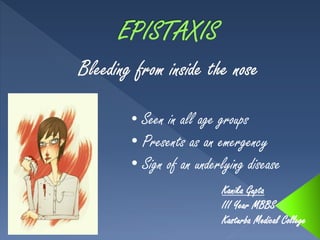 • Seen in all age groups
• Presents as an emergency
• Sign of an underlying disease
Kanika Gupta
III Year MBBS
Kasturba Medical College
 