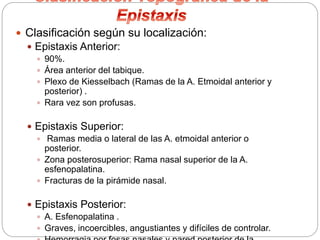  Clasificación según su localización:
 Epistaxis Anterior:
 90%.
 Área anterior del tabique.
 Plexo de Kiesselbach (Ramas de la A. Etmoidal anterior y
posterior) .
 Rara vez son profusas.
 Epistaxis Superior:
 Ramas media o lateral de las A. etmoidal anterior o
posterior.
 Zona posterosuperior: Rama nasal superior de la A.
esfenopalatina.
 Fracturas de la pirámide nasal.
 Epistaxis Posterior:
 A. Esfenopalatina .
 Graves, incoercibles, angustiantes y difíciles de controlar.
 